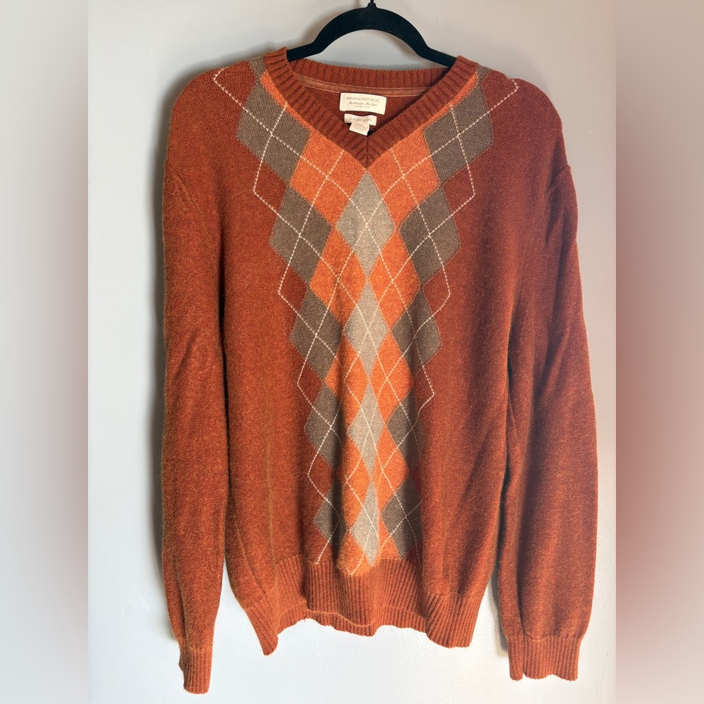 Banana Republic V-Neck Argyle Sweater - Rust and Gray - Academia Cabincore - Picture 1 of 4